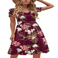 DB MOON Women Summer Casual Short Sleeve Dresses Empire Waist Dress with Pockets, Flower Wine Red, 3X-Large