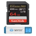 SanDisk 64GB SD Extreme Pro Memory Card Works with Sony a7CR, a7Cm2, a6700 Mirrorless Cameras (SDSDXXU-064G-GN4IN) UHS-I V30 U3 Bundle with (1) Everything But Stromboli 3.0 Micro & SDXC Card Reader