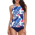 Holipick Women Two Piece Swimsuit High Neck Halter Floral Printed Tankini Sets Blue S