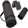Signature Fitness All Purpose 1/2-Inch Extra Thick High Density Anti-Tear Exercise Yoga Mat and Knee Pad with Carrying Strap and Yoga Blocks, Black