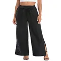 HDE Women's Linen Wide Leg Palazzo Pants Paperbag Flowy Boho Pant with Pockets, Black, Small