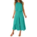 ROYLAMP Women's Summer 2 Piece Outfits Round Neck Crop Basic Top Cropped Wide Leg Pants Set Jumpsuits, Peafowl Green 1, X-Large