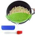 Clip-On Kitchen Food Strainer for Spaghetti, Meat, Pasta, & Ground Beef Grease, Colander & Sieve Snaps or Clip On Bowls, Pots & Pans. Includes Silicone Strainer Drainer, Brush & Garlic Peeler (Green)