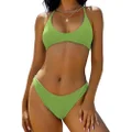 ZAFUL Women's Tie Back Padded High Cut Bralette Bikini Set Two Piece Swimsuit, 1-grass Green, Medium