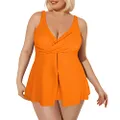 Sovoyontee Women Plus Size Tankini Swimsuit Two Piece Flowy Swim Dress Twist Front Bathing Suits Tummy Control Swimwear, Orange, 3X-Large Plus