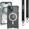 MAGEASY Case with Strap for iPhone 15 - Heavy Duty 16ft Drop Protection, 6.1" Crossbody Case with Lanyard, Compatible with MagSafe - Odyssey M + Strap | Embedded Leather Frame