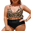 Yonique Women Plus Size Two Piece Swimsuits High Waisted Bikini Set Tummy Control Bathing Suits Ruffle Swimwear, Leopard and Black, 18 Plus