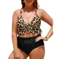 Yonique Women Plus Size Two Piece Swimsuits High Waisted Bikini Set Tummy Control Bathing Suits Ruffle Swimwear, Leopard and Black, 18 Plus