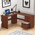 SHW L-Shaped Home Office Wood Corner Desk with 3 Drawers, Walnut