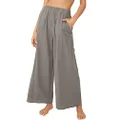 utcoco Women's Cotton Linen Wide Leg Pants Casual Loose Stretchy High Waisted Pants Trouses, Grey, X-Large