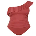 Hilor Women's One Piece Swimsuits One Shoulder Swimwear Asymmetric Ruffle Monokinis Bathing Suits, Cinnabar, 6