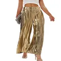 heipeiwa Women's Shiny Pleated Wide Leg Pants Party Nightout High Elastic Waist Trouser Outfit Clubwear, Gold, Small