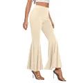 LYANER Women's Casual High Waist Ruffle Flare Pants Wide Leg Solid Stretchy Bell Bottom, Beige, Large