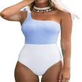 CUPSHE Women's Blue and White One Shoulder One Piece Swimsuit Medium