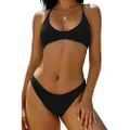 ZAFUL Women's Tie Back Padded High Cut Bralette Bikini Set Two Piece Swimsuit, Zs-black, Medium