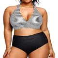 Yonique Womens Two Piece Plus Size Halter Bikini Swimsuits Tummy Control Bathing Suits High Waisted Swimwear, Black and Stripe, 16 Plus