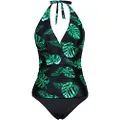 Holipick Two Piece Tankini Swimsuits for Women Tummy Control Bathing Suits Sexy V Neck Halter Tankini Tops with Shorts, Black Green Leaf, Medium