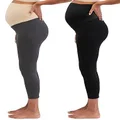 Motherhood Maternity Women's 2 Pack Essential Stretch Crop Length Secret Fit Belly Leggings, Black/Charcoal 2 Pack, Small