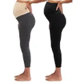 Motherhood Maternity Women's 2 Pack Essential Stretch Crop Length Secret Fit Belly Leggings, Black/Charcoal 2 Pack, Small