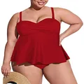 Sovoyontee Women Plus Size Tankini Swimsuit Two Piece Flowy Ruffle Bathing Suits Tummy Control Swimwear, Red, X-Large Plus