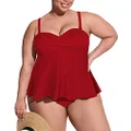 Sovoyontee Women Plus Size Tankini Swimsuit Two Piece Flowy Ruffle Bathing Suits Tummy Control Swimwear, Red, X-Large Plus