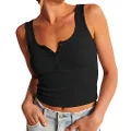 Artfish Women's Scoop Neck Sleeveless Knit Ribbed Fitted Casual Basic Crop Tank Top, 02# Black, Medium