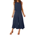 ROYLAMP Women's Summer 2 Piece Outfits Round Neck Crop Basic Top Cropped Wide Leg Pants Set Jumpsuits, V: Navy Blue Swiss Dot, Small