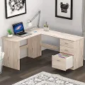 SHW L-Shaped Home Office Wood Corner Desk with 3 Drawers, Maple