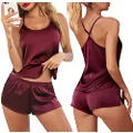 Ekouaer Pajamas Womens Sexy Lingerie Satin Sleepwear Cami Shorts Set Nightwear S-XXL Wine Red