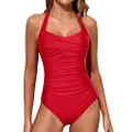 Tempt Me Women Red Tummy Control Vintage Halter One Piece Swimsuit Ruched Padded Bathing Suits L