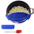 Salbree Clip-On Kitchen Food Strainer for Spaghetti, Pasta, Ground Beef Grease, Colander & Sieve Snaps on Bowls, Pots and Pans, Set includes Silicone Strainer, Brush & Garlic Peeler by (Dark Blue)