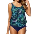Holipick Two Piece Blouson Tankini Swimsuits for Women Tummy Control Bathing Suits Modest Loose Tankini Top with Shorts, Blue Leaf, Small