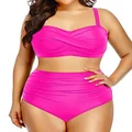 Yonique Women Plus Size Two Piece Swimsuits High Waisted Bathing Suits Bandeau Bikini Tummy Control Swimwear, Hot Pink, 16 Plus