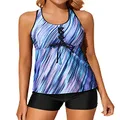 Holipick Two Piece Tankini Bathing Suits for Women Swim Tankini Top with Shorts Athletic Tummy Control Swimsuits, Blue Stripe, Large