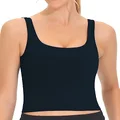 THE GYM PEOPLE Women's Square Neck Longline Sports Bra Workout Removable Padded Yoga Crop Tank Tops, Black, Small