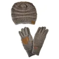 C.C Unisex Soft Stretch Cable Knit Beanie and Anti-Slip Touchscreen Gloves 2 Pc Set, Earth Grey