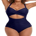 Eomenie Women's One Piece Swimsuits Tummy Control Cutout High Waisted Bathing Suit Wrap Tie Back 1 Piece Swimsuit, Dark Blue, XX-Large