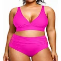 Yonique Womens Plus Size Bikini Swimsuits High Waisted Swimwear Tummy Control Two Piece Bathing Suits Pink 18Plus