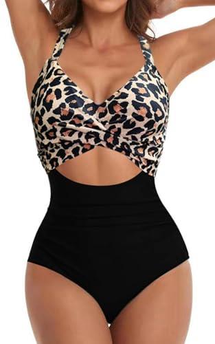 Eomenie Women's One Piece Swimsuit Wrap Cutout Tummy Control High Waisted Back Tie Knot Bathing Suit, Leopard, XX-Large