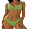 ZAFUL Women's Tie Back Padded High Cut Bralette Bikini Set Two Piece Swimsuit, 1-grass Green, Large