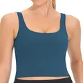 THE GYM PEOPLE Women's Square Neck Longline Sports Bra Workout Removable Padded Yoga Crop Tank Tops, Dark Blue Green, Small