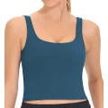 THE GYM PEOPLE Women's Square Neck Longline Sports Bra Workout Removable Padded Yoga Crop Tank Tops, Dark Blue Green, Small