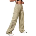 Women's High Waist Cargo Jeans Flap Pocket Baggy Cargo Pants Y2K Wide Leg Denim Jeans Straight Casual Loose Streetwear Pants., Khaki, Small