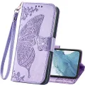 Galaxy S23 Plus Case,Samsung S23 Plus Wallet Case,PU Leather Protective Phone Case Wrist Strap Card Slots Holder Pocket Emboss Butterfly Flower Stand Flip Case for Samsung Galaxy S23 Plus Lavender