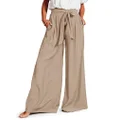 Rheane Women's Flowy Wide Leg Pants with Adjustable Waist Belt/Loose Palazzo Pants with Pockets Casual & Dressy Wear, Khaki, X-Large