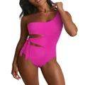 Hilor Women's One Shoulder Swimsuit Sexy Cutout Swimwear Cute Tie Side One Piece Bathing Suits, Hot Pink, 14