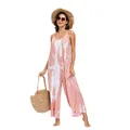 BUENOS NINOS Women's V Neck Floral Wide Leg Pants Boho Printed Adjustable Spaghetti Strappy Long Jumpsuit with Pockets Tie Dye Pink Jumpsuit L