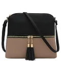 DELUXITY Lightweight Medium Crossbody Bag with Tassel, Black/Taupe, One Size