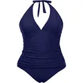 Holipick Women Two Piece Swimsuit V Neck Halter Ruched Tankini Sets Navy XXL