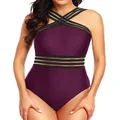 Tempt Me Women Crisscross One Piece Swimsuit Tummy Control Bathing Suit Dark Purple S